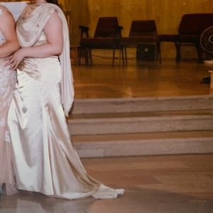 Long Beige Satin Gown w/ Train